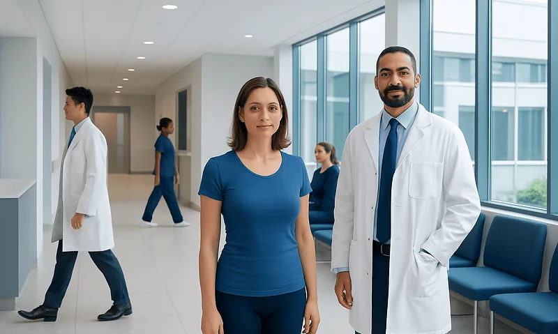 Healthcare professionals in a modern hospital corridor with patients and staff.