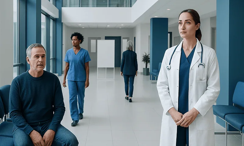 Doctor and patient in hospital corridor with medical staff in background.