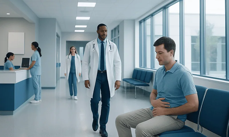 Patient experiencing abdominal pain in hospital corridor with medical staff nearby.