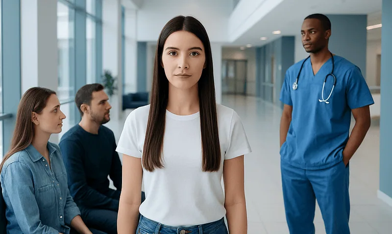 Young woman with straight hair in a hospital waiting area with medical staff.