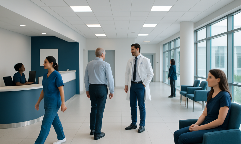 Modern hospital lobby with medical staff and patients in a bright, spacious setting.