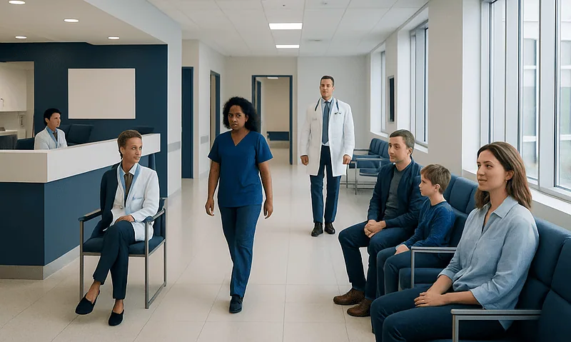 Medical team in hospital corridor with patients and staff members.