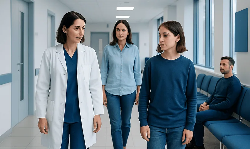 Medical professionals consulting with a patient in a hospital corridor.