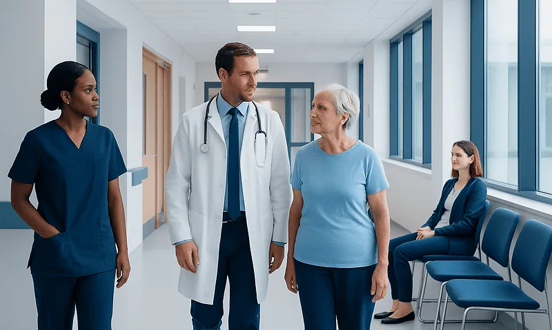 Medical team consulting with elderly patient in hospital corridor.