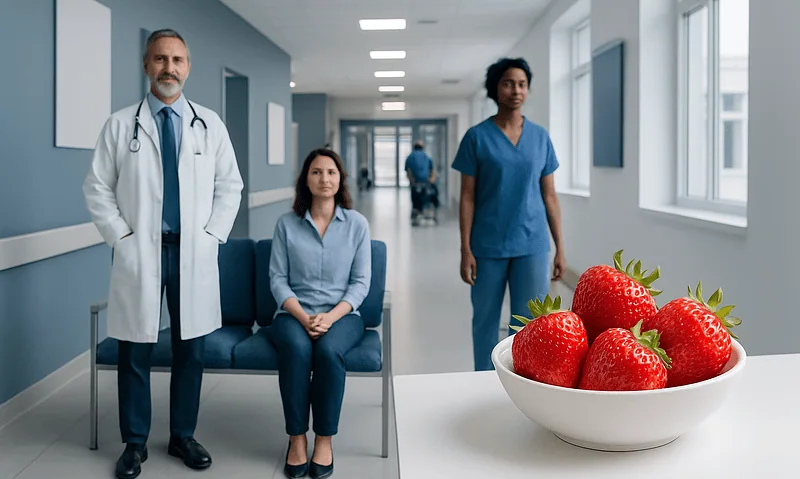 Medical professionals with strawberries in a hospital corridor.
