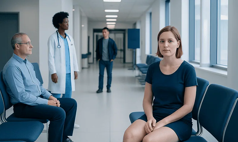 Young woman waiting in a hospital corridor for medical consultation.