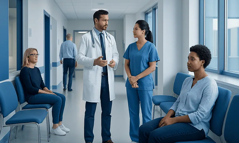 Doctors and patients in a hospital corridor engaging in conversation.