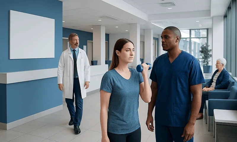 Patient doing shoulder exercises with healthcare professional in hospital corridor.