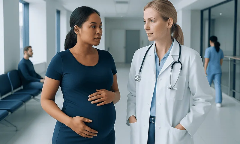 Pregnant woman consulting with a doctor in a hospital corridor.