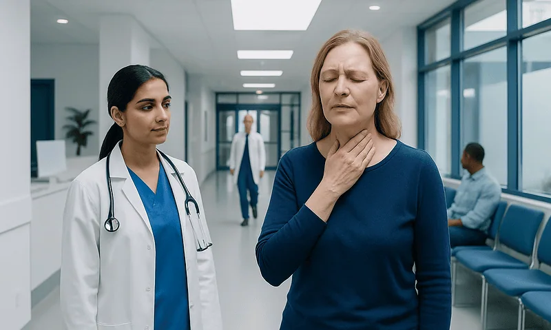 Woman with sore throat in hospital corridor with medical staff nearby.