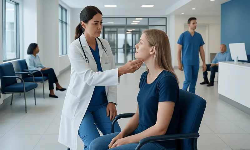 Doctor examining a young woman's throat in a hospital setting.