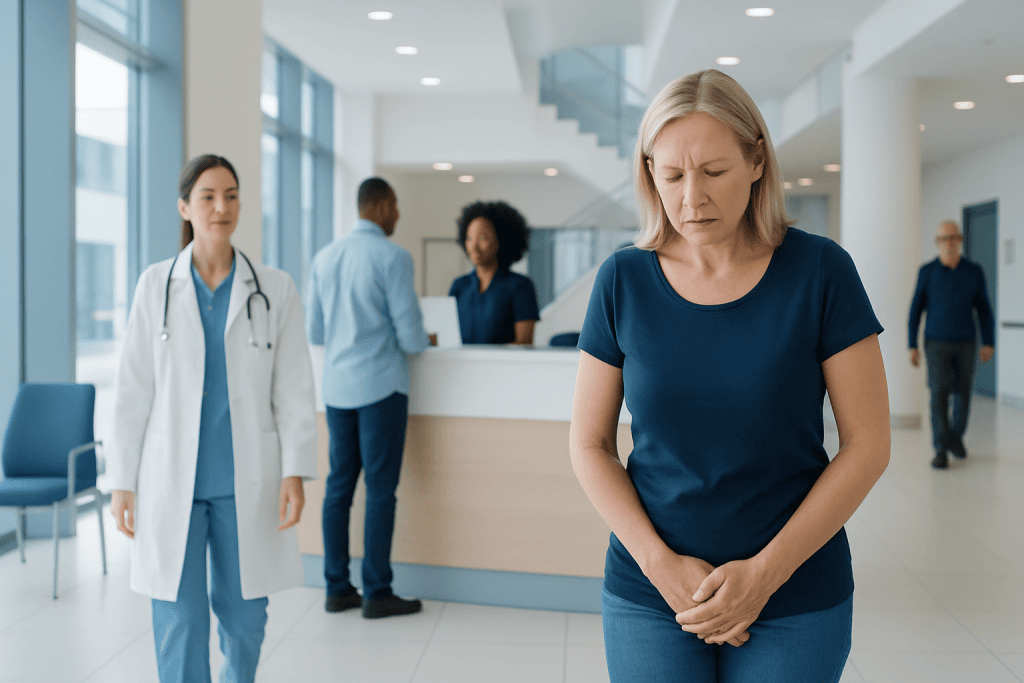 Stress Incontinence — Explained by Medical Evidence, Not Myths 1 Woman experiencing stress incontinence at a hospital reception area.