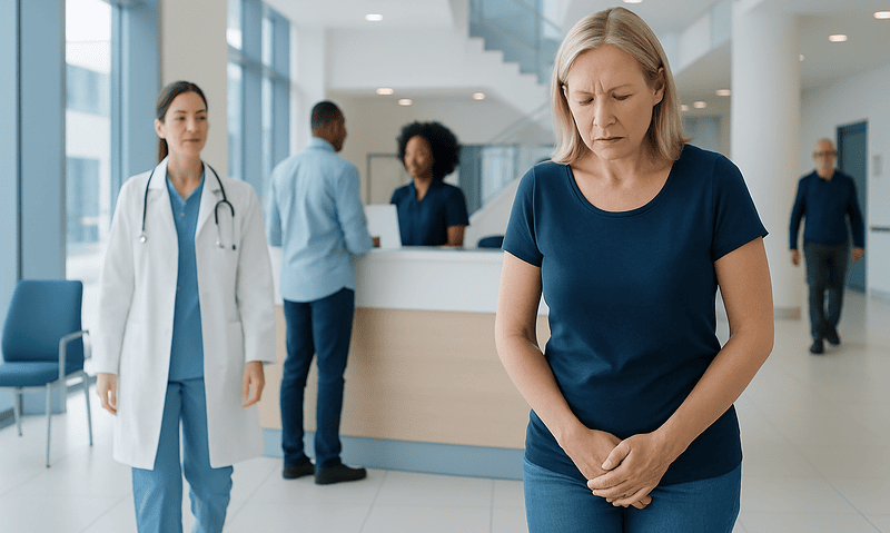 Woman experiencing stress incontinence at a hospital reception area.