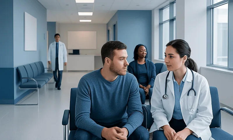 Doctor consulting with a patient in a hospital corridor.