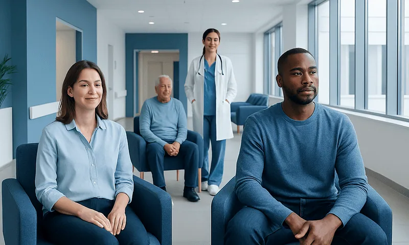 Diverse group of patients and a healthcare professional in a hospital corridor.