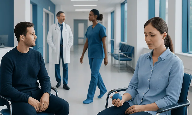 Patients and medical staff in a hospital corridor.