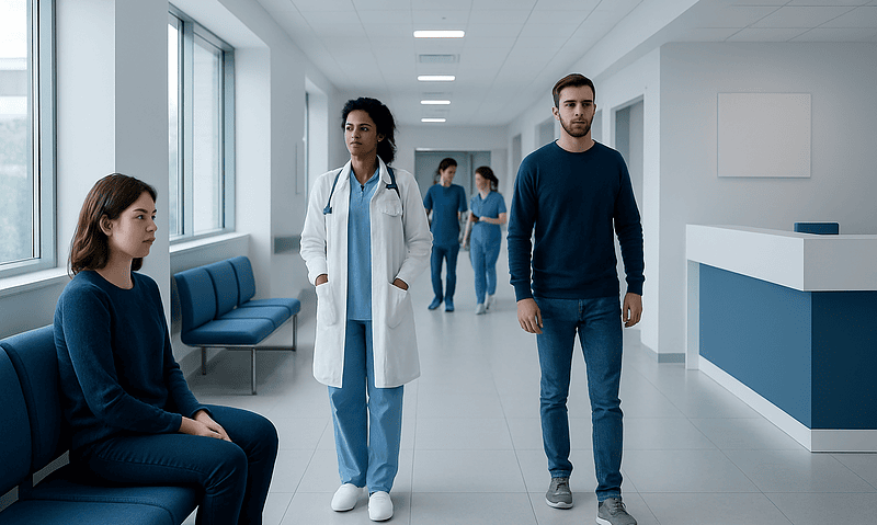 Patients and healthcare professionals in a hospital corridor.