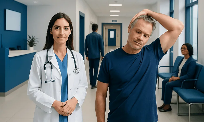 Patient experiencing neck pain in a hospital corridor with medical staff nearby.