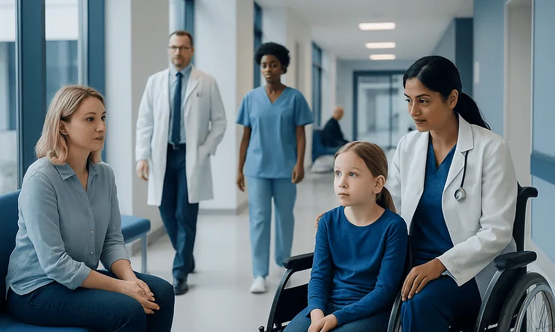 Hospital staff consulting with a young patient in a wheelchair in a modern corridor.
