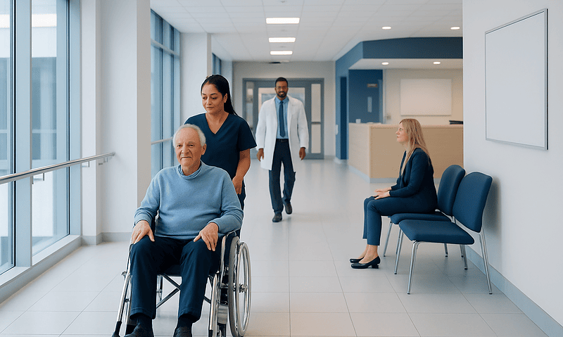 Elderly patient in wheelchair with healthcare staff in hospital corridor.
