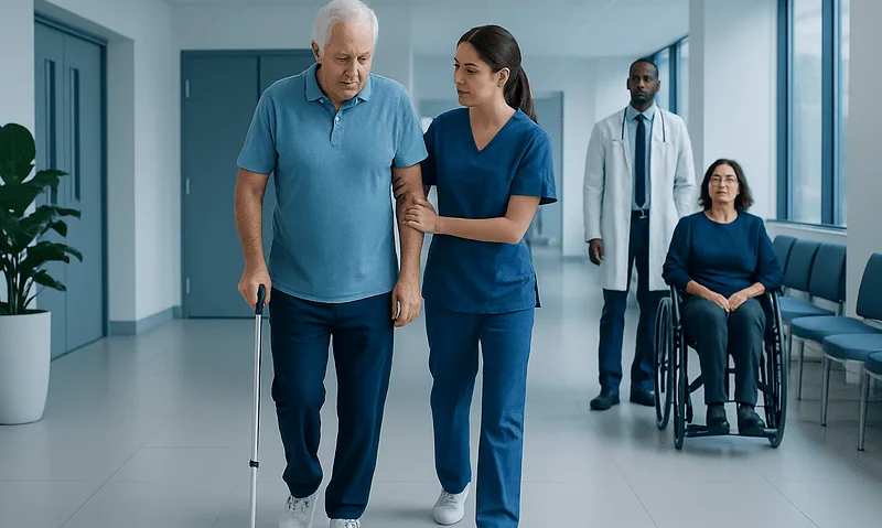 Elderly man receiving support from nurse in hospital corridor.