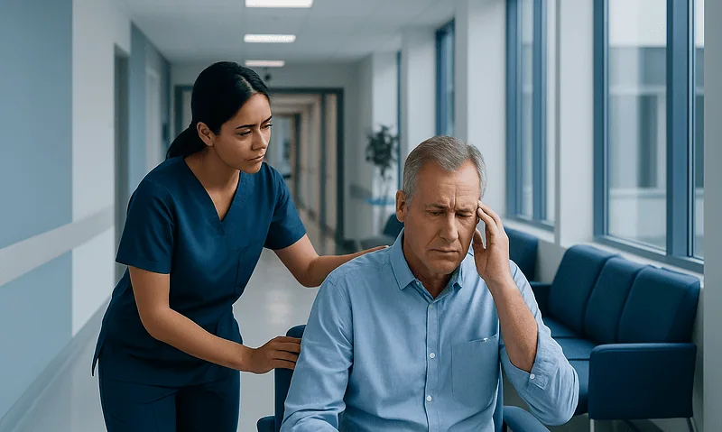 Senior man experiencing headache in hospital corridor with nurse support.