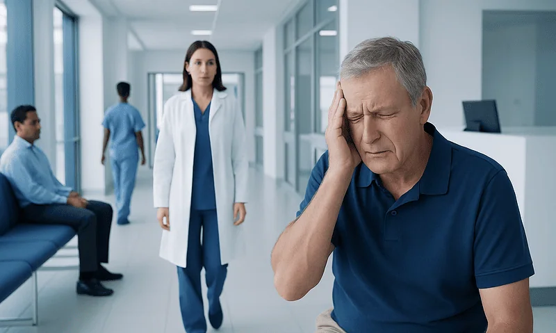 Older man experiencing headache in hospital corridor with medical staff nearby.