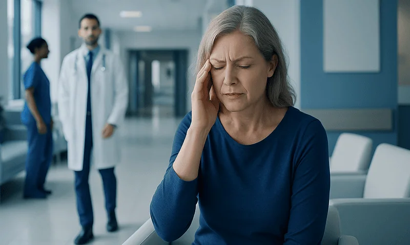 Older woman with headache in hospital corridor, healthcare professionals in background.