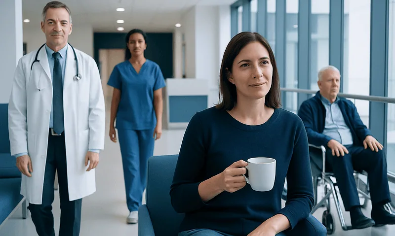 Patient with coffee in hospital corridor with medical staff and visitor.
