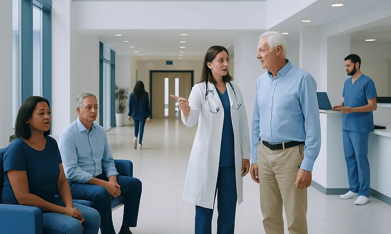Doctor consulting with patient in hospital lobby with waiting patients nearby.