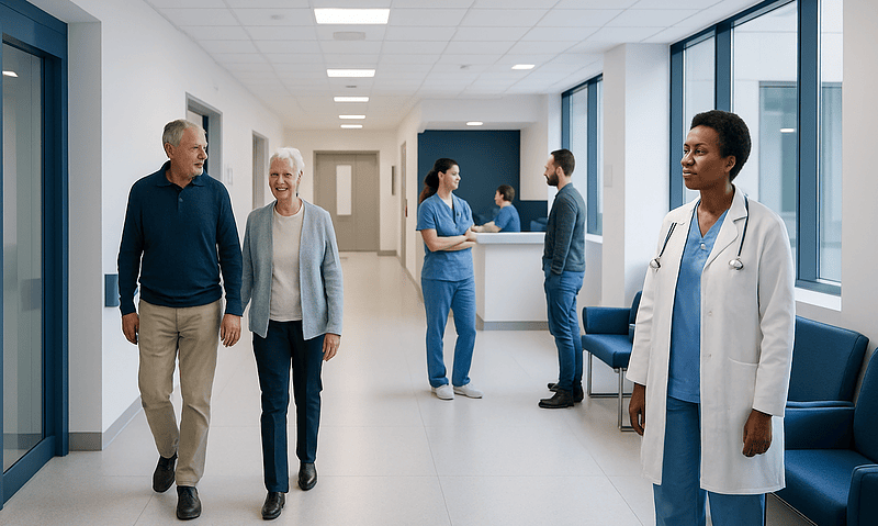 Healthcare professionals and patients in a modern hospital corridor.
