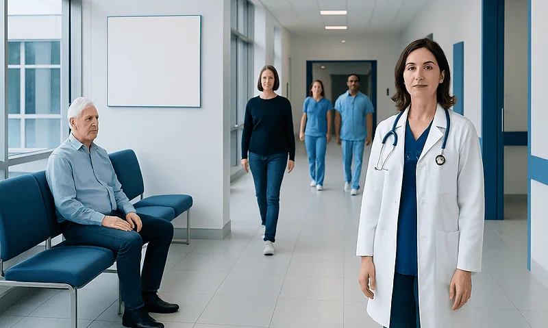 Medical team in hospital corridor with doctor and patients.