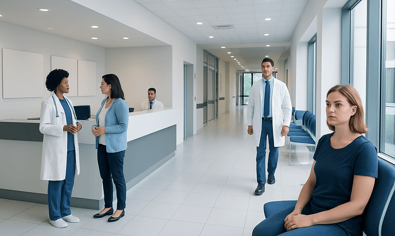 Hospital corridor with medical staff and patient in waiting area.