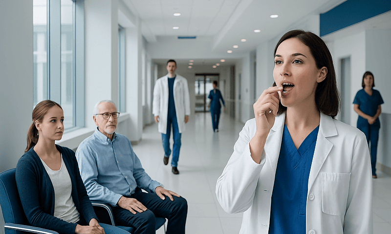 Healthcare professional explaining medication to patients in hospital corridor.