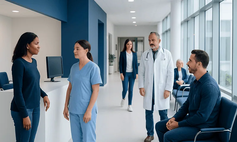 Patients and medical staff in a modern hospital corridor.