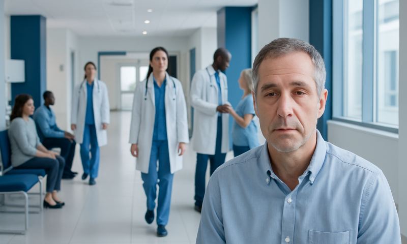Concerned man with medical staff in hospital corridor.