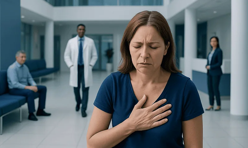 Woman experiencing chest pain in hospital waiting area.