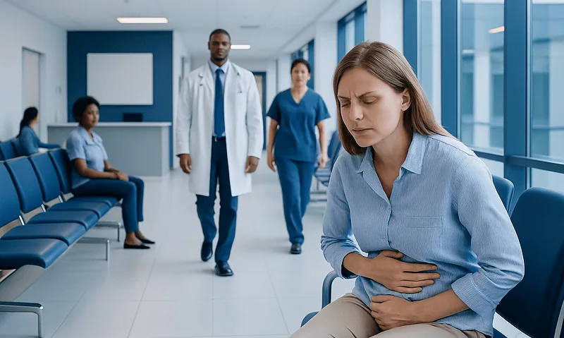 Woman with stomach pain in hospital corridor with medical staff nearby.