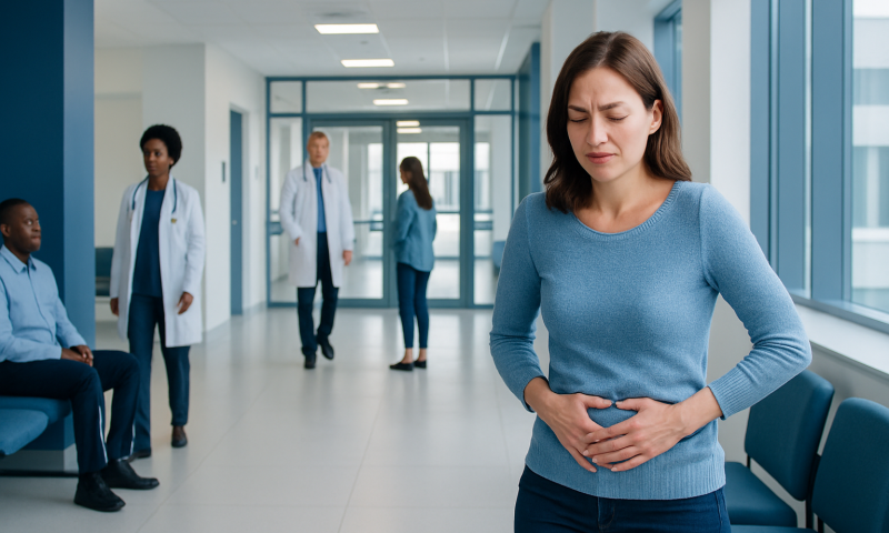 Woman experiencing pelvic pain in hospital corridor with medical staff nearby.
