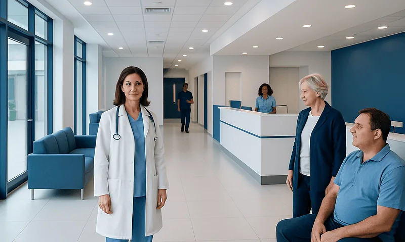 Healthcare professionals and patient in modern hospital lobby.