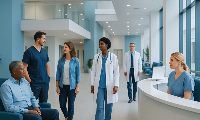 Medical team discussing patient care in a modern hospital lobby.
