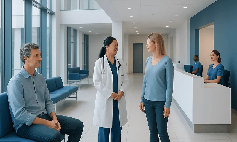 Patient consulting with healthcare professionals in a modern hospital lobby.
