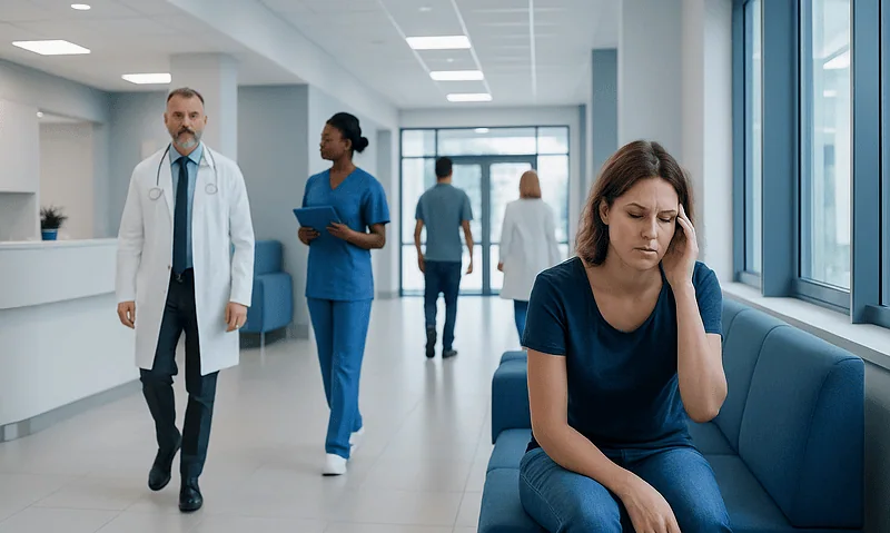 Young woman experiencing headache in hospital corridor with medical staff nearby.