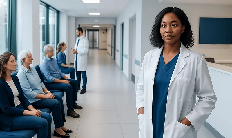 Medical professional standing in hospital corridor with patients seated nearby.