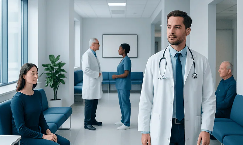 Medical consultation in a modern hospital waiting area with doctors and patients.