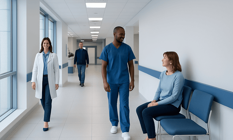 Healthcare professionals and patient in hospital corridor at Acibadem Hospitals Group.