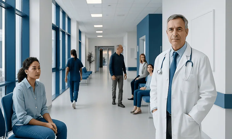 Healthcare professionals and patients in a modern hospital corridor.