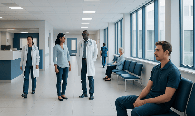 Medical staff and patients in a modern hospital corridor.
