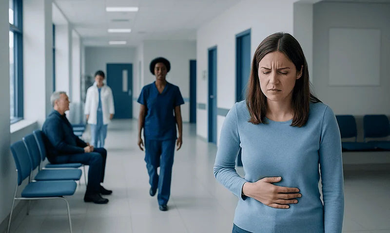 Woman with stomach pain in hospital corridor with medical staff and patient.