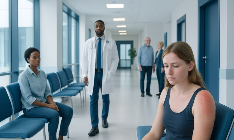 Patient with shoulder blister in hospital waiting area at Acibadem Hospitals.